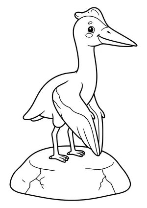 Quetzalcoatlus standing on a rock like a big stork with a long neck, long beak, and folded wings – printable coloring page
