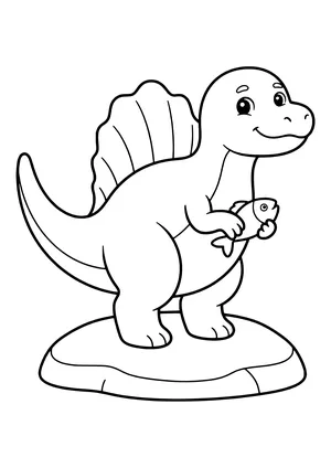 Smiling Spinosaurus with a big back sail standing on a rock holding a fish – printable coloring page