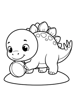 Small baby Stegosaurus with small back plates playing with a ball – printable coloring page