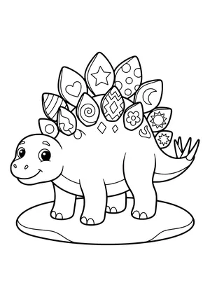 Stegosaurus with different patterns on its back plates, including stripes, a heart, a star, and circles – printable coloring page