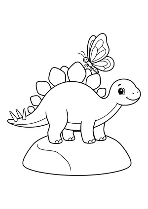 Big butterfly sitting on the back plate of a smiling Stegosaurus – printable coloring page