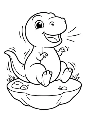 Tiny, round baby T-Rex sitting and laughing with very small arms – printable coloring page