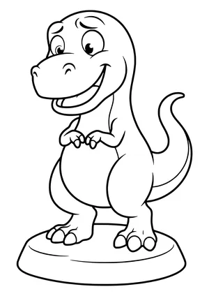 Funny T-Rex with a big head smiling and looking down at his tiny arms in front of his belly – printable coloring page