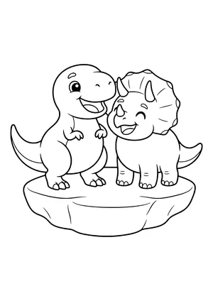 T-Rex and Triceratops standing side by side laughing as best friends – printable coloring page