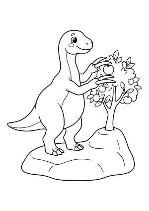 Therizinosaurus with long claws carefully picking a fruit from a tree – printable coloring page
