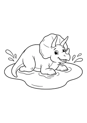 Happy Triceratops lying in a mud puddle with big mud splashes flying – printable coloring page