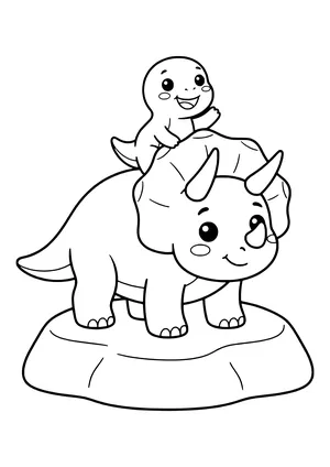 Small dinosaur riding happily on the back of a Triceratops – printable coloring page