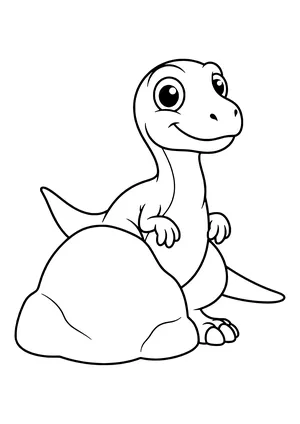 Small Troodon with big round eyes peeking curiously out from behind a rock – printable coloring page