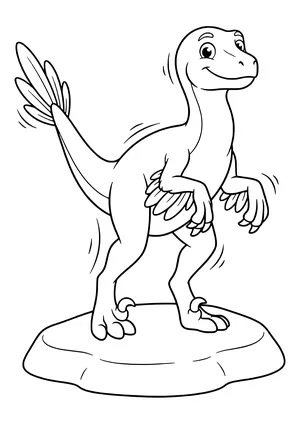Proud Utahraptor with large feathers on its arms and tail standing on a rock – printable coloring page