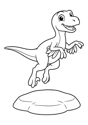 Small Velociraptor with feathered arms leaping happily over a round rock – printable coloring page