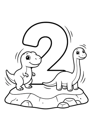 Big bold number 2 to color with two little dinosaurs next to it – printable counting coloring page