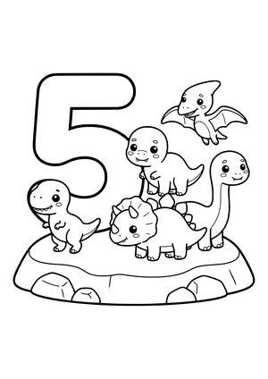Big chunky number 5 with five little prehistoric babies beside it – printable coloring page
