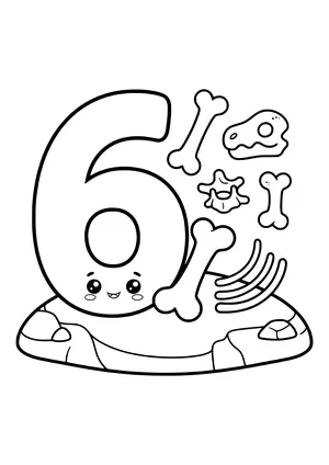 Big chunky number 6 with six dinosaur bones beside it – printable coloring page