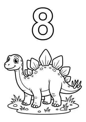 Big chunky number 8 with a Stegosaurus carrying eight back plates – printable coloring page