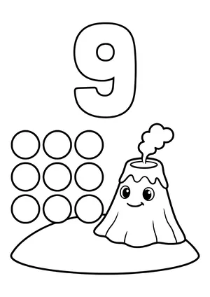 Big chunky number 9 with nine round rocks and a little volcano – printable coloring page