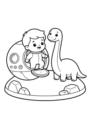 Child steps out of a round time machine and looks up at a friendly long-neck dinosaur – printable coloring page