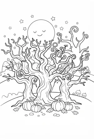 Spooky Forest at Night Coloring Page