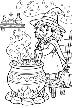 Witch at the Cauldron Coloring Page