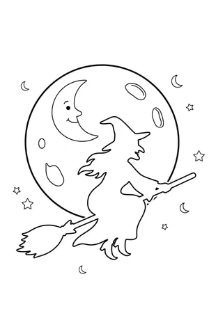 Witch Flying Over Full Moon Coloring Page