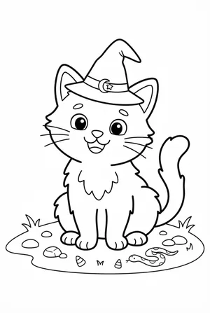 Cat with Witch Hat Coloring Page