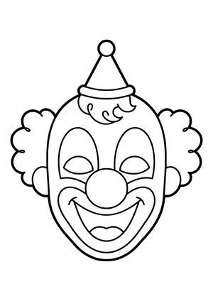 Happy clown mask with a big round nose, curly hair, and a tiny hat, ready to print