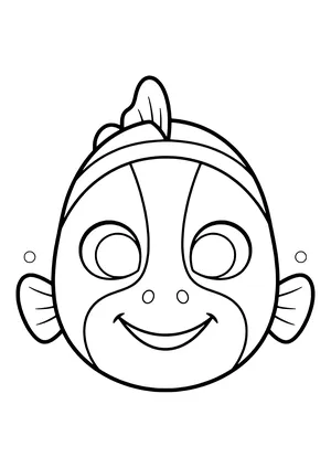 Cheerful clownfish mask with wide stripes, fins, and a big smile, ready to print