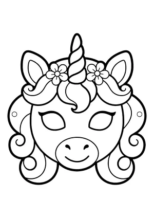 Unicorn mask with a twisted horn, curly mane, and two flowers, ready to print
