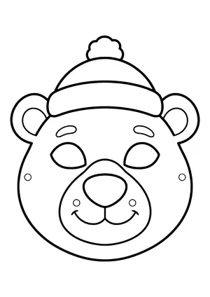 Cuddly polar bear mask with round ears, a pom-pom hat, and a big nose, ready to print