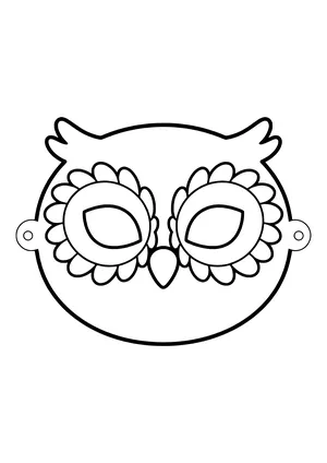 Printable owl mask with feather tufts, round eye rings, and a small beak, ready to color