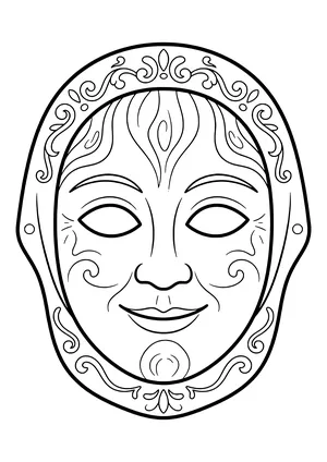 Friendly carnival fool mask styled like a carved wooden Fasnet mask with a headscarf, ready to print