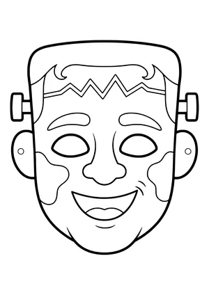 Friendly patchwork monster mask with a flat head, stitched forehead, and bolts, ready to print
