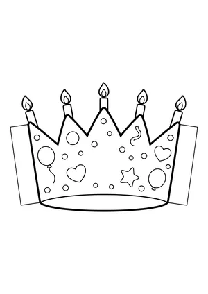 Birthday crown with candles on every point, confetti, and balloons, ready to print