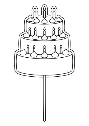 Three-tier birthday cake with candles and frosting as a photo booth prop on a stick, ready to print