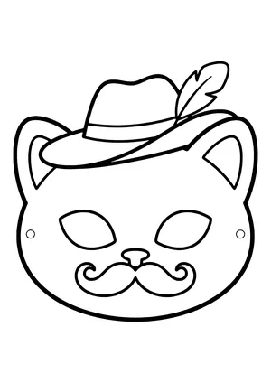 Puss in Boots mask with a tilted feathered hat and curled mustache, ready to print