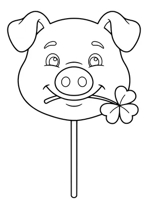 Cheerful lucky pig with a four-leaf clover in its mouth as a photo booth prop, ready to print