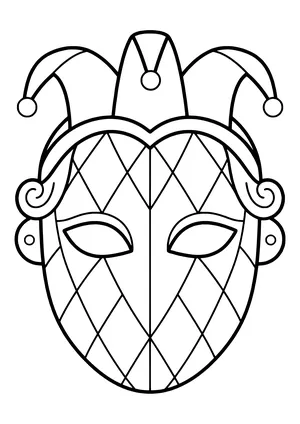 Harlequin mask with large diamond panels and a three-point jester cap with bells, ready to print