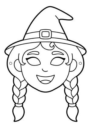 Friendly witch mask with a tall pointed hat with buckle and two braids, ready to print
