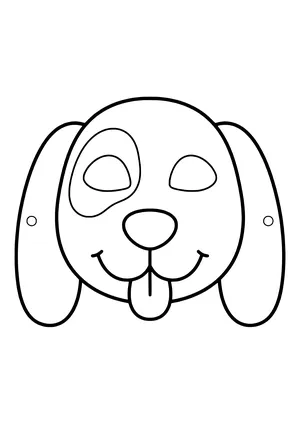 Printable dog mask with floppy ears, a round nose, a tongue sticking out, and an eye patch, ready to color