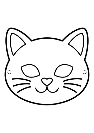 Printable cat mask with pointy ears, a heart-shaped nose, and whiskers, ready to color