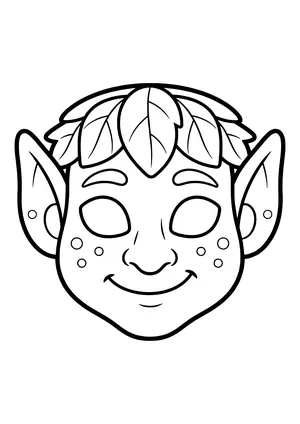 Cheeky goblin mask with a leafy cap, pointed ears, and freckles, ready to print