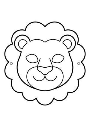 Printable lion mask with a round wavy mane, round ears, and a big smile, ready to color