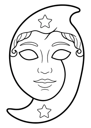 Venetian crescent moon mask with a calm face and two stars, ready to print
