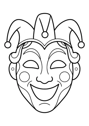 Cheerful jester mask with a three-point cap with bells and rosy cheeks, ready to print