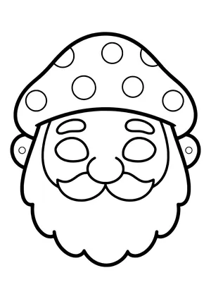Mushroom gnome mask with a big spotted toadstool hat, round nose, and beard, ready to print