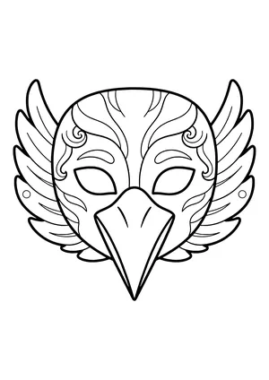 Raven eye mask with big feathers on the sides and a pointed beak, ready to print