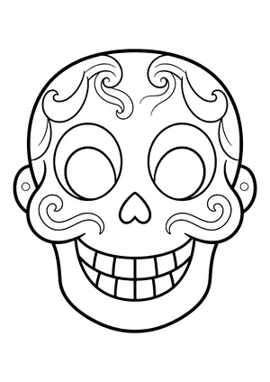 Friendly skeleton mask with big round eyes, a heart nose, and a wide smile, ready to print