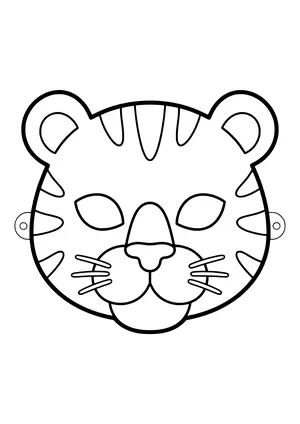 Printable tiger mask with wide stripes, round ears, a white snout, and whiskers, ready to color