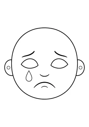 Sad feelings mask with a round child's face, a downturned mouth, and a big tear, ready to print