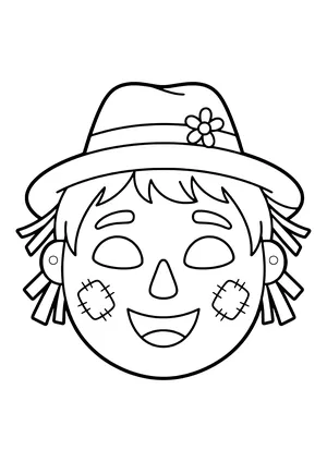 Friendly scarecrow mask with an old straw hat, cheek patches, and straw tufts, ready to print