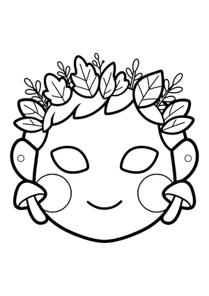 Friendly forest spirit mask with leafy hair, twigs, and two mushrooms, ready to print